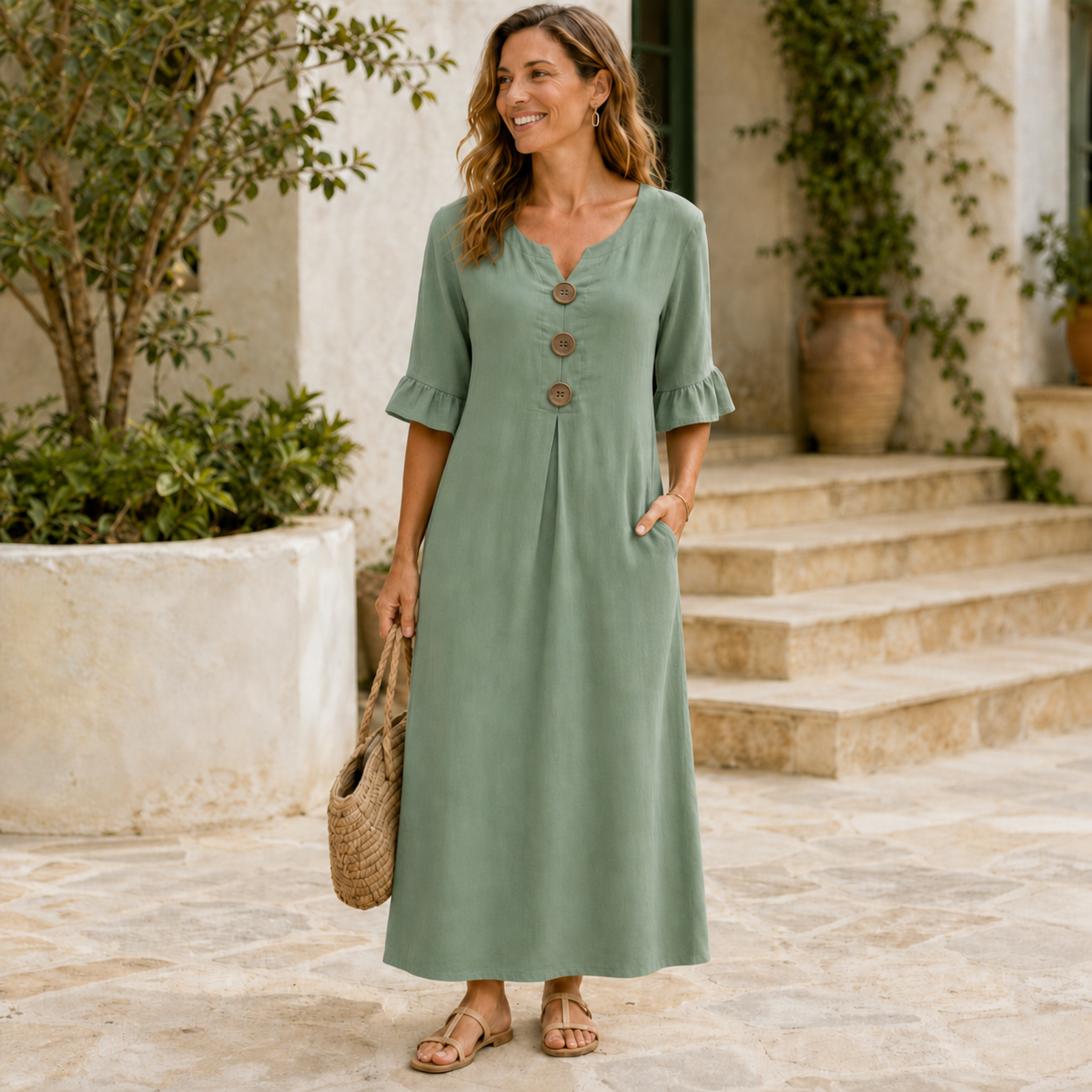 Robe maxi vert sauge col V boutonnée portée avec sac en paille