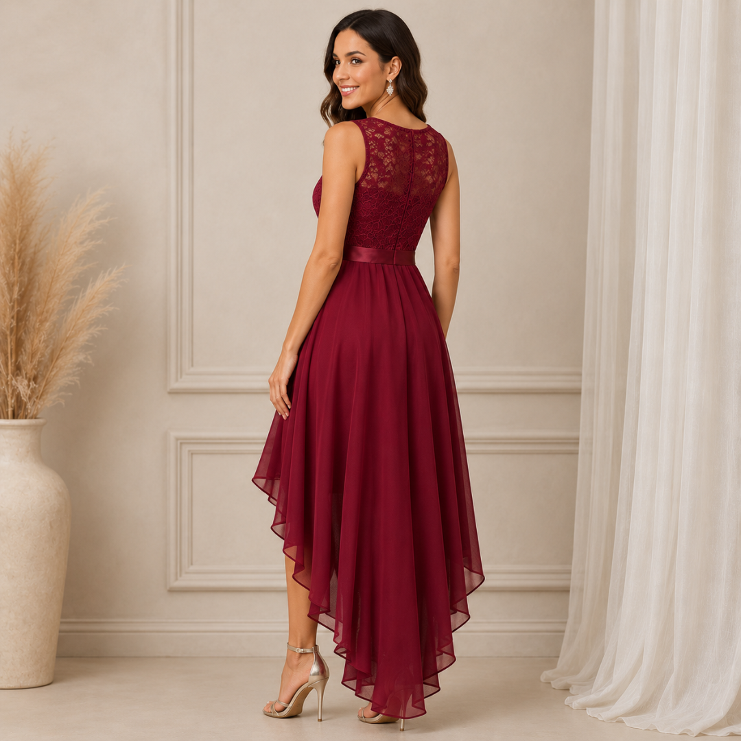 Dos d'une robe bordeaux au buste ajouré floral et jupe fluide asymétrique