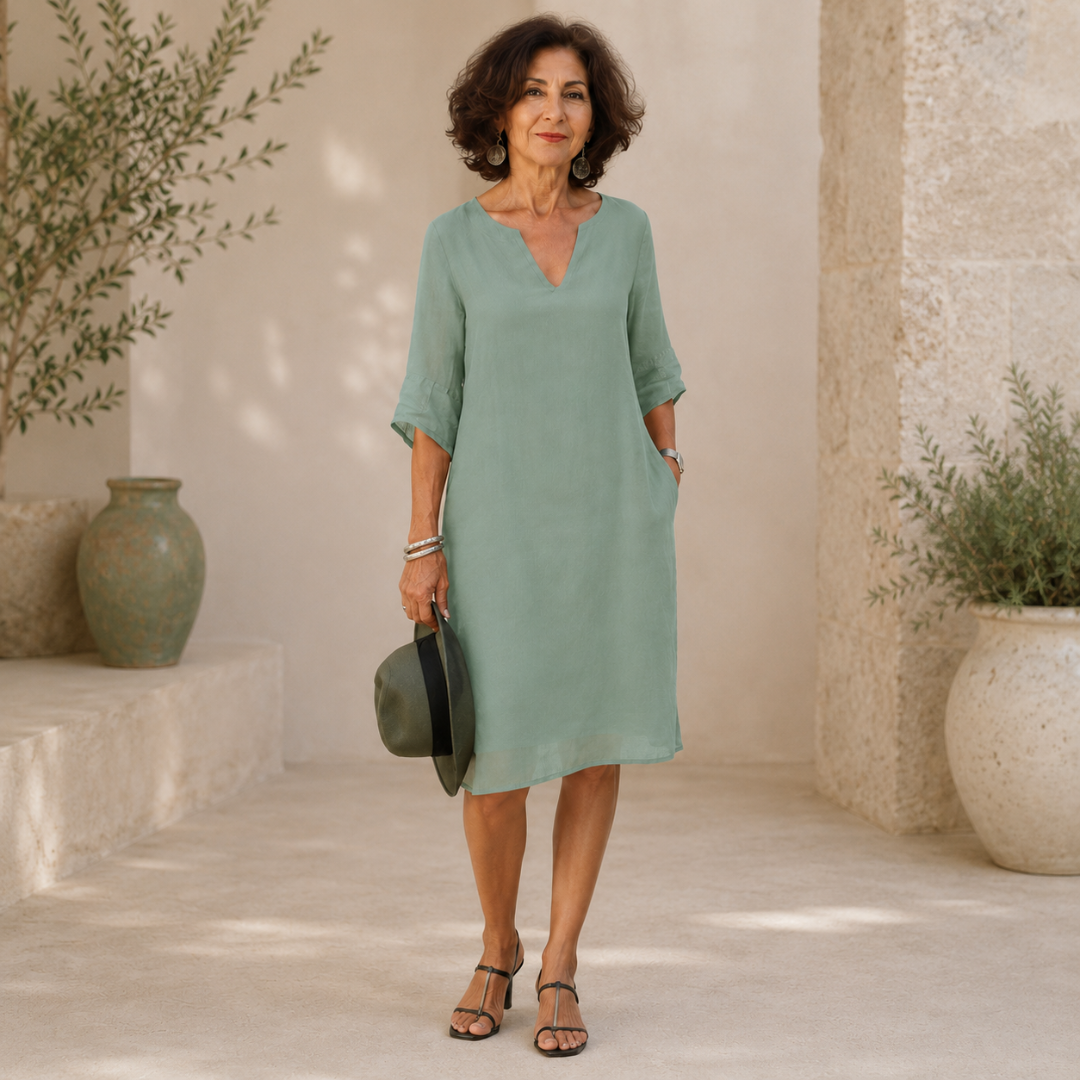 Robe femme vert d'eau à manches retroussables et poches latérales