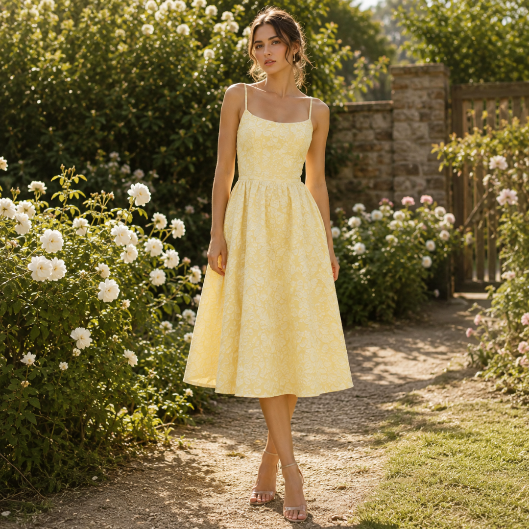 Robe midi jaune à bretelles fines et jupe évasée, portée dans un jardin fleuri