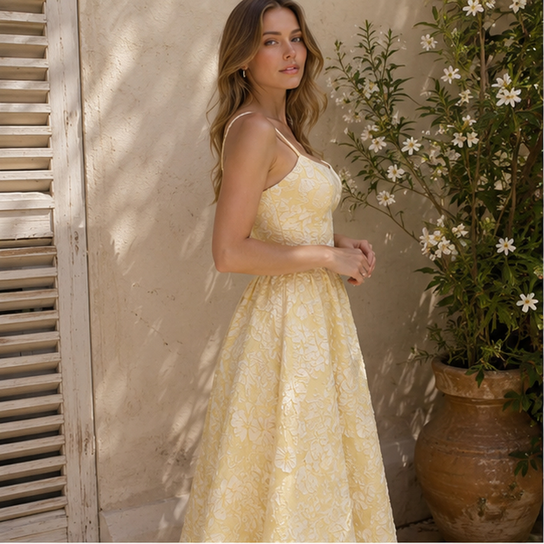 Profil de la robe jaune montrant le bustier ajusté et le relief floral du tissu