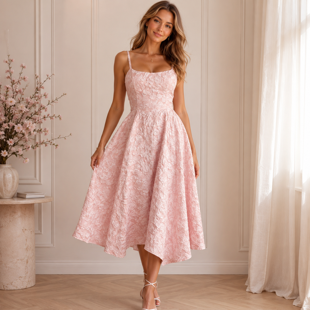 Robe midi rose à col carré, jupe volumineuse au relief floral, intérieur lumineux