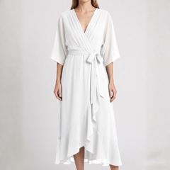 Robe midi cache-cœur blanche à col V et ceinture nouée