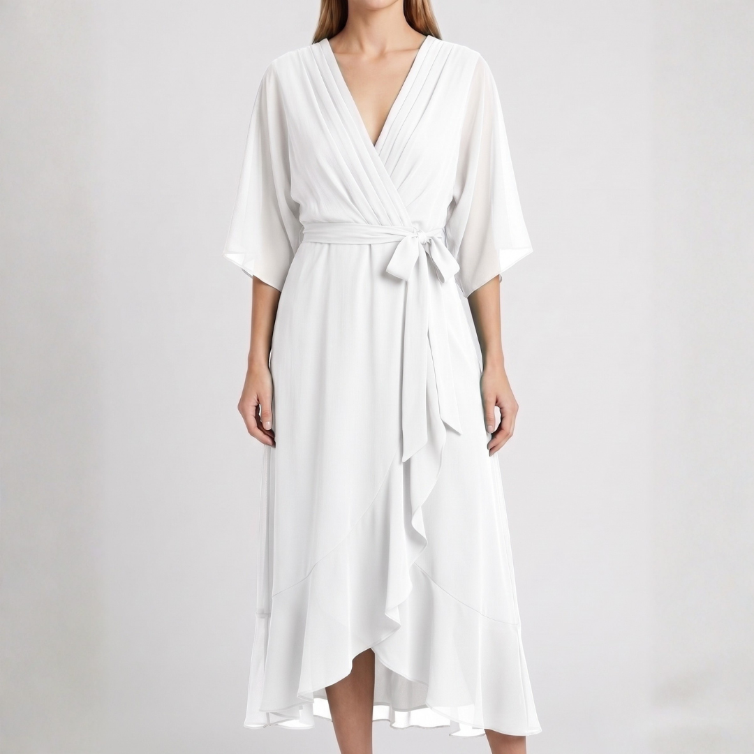 Robe midi cache-cœur blanche à col V et ceinture nouée