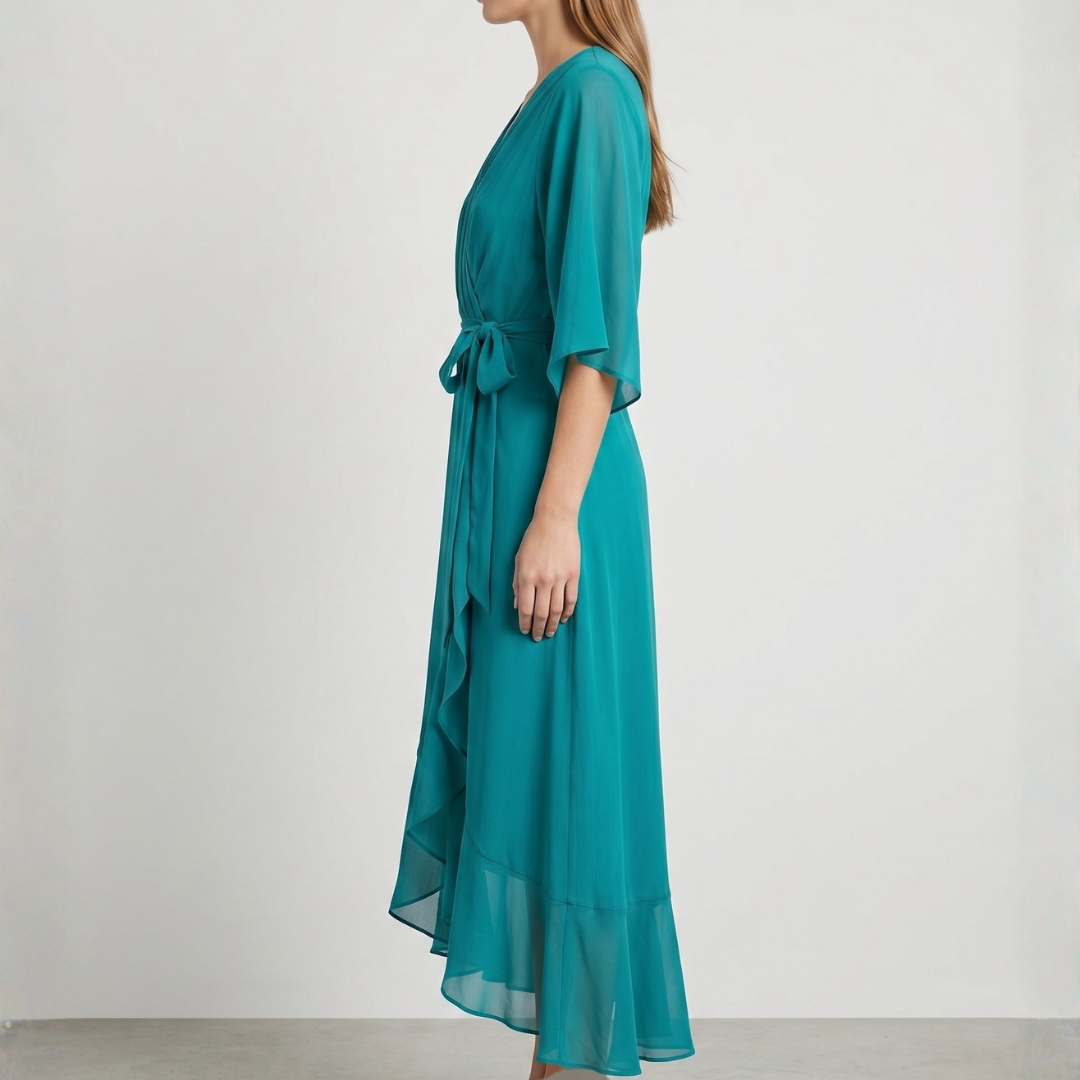 Robe midi bleu-vert vue de profil avec ourlet volanté asymétrique