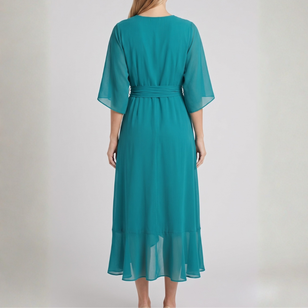 Robe midi bleu-vert vue de dos avec ceinture nouée à la taille
