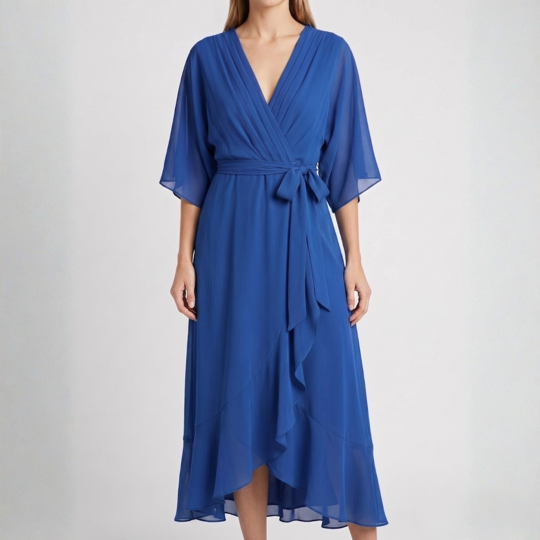 Robe midi cache-cœur bleue à col V et ceinture nouée