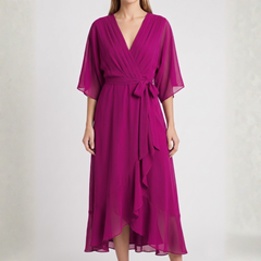 Robe midi cache-cœur fuchsia à manches kimono et volant fluide