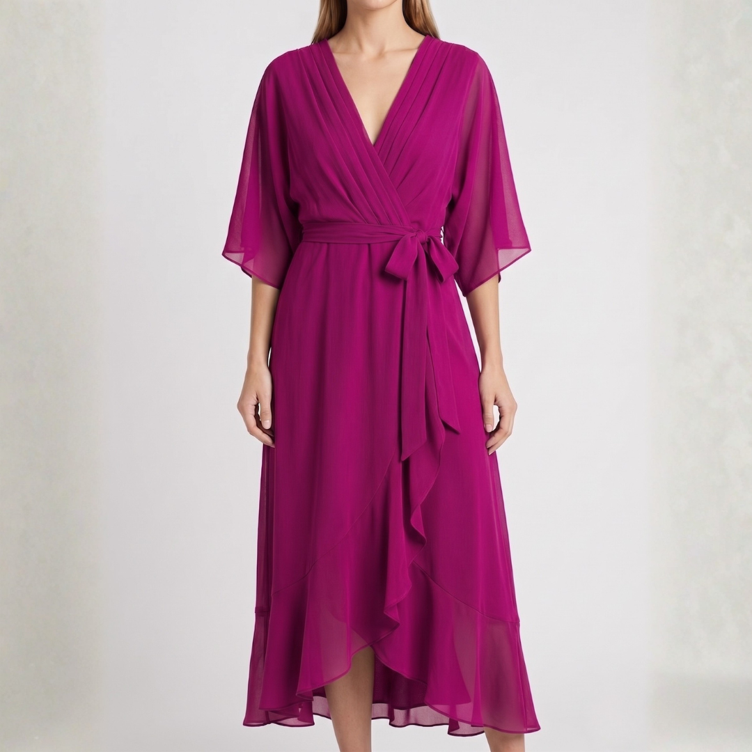 Robe midi cache-cœur fuchsia à manches kimono et volant fluide