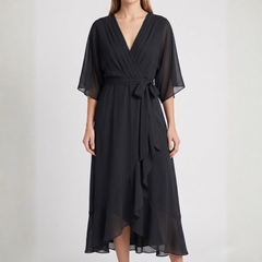 Robe midi cache-cœur noire à manches kimono et ceinture nouée