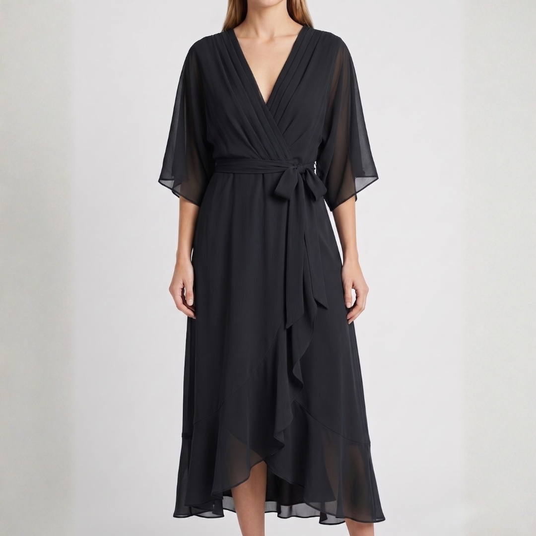 Robe midi cache-cœur noire à manches kimono et ceinture nouée