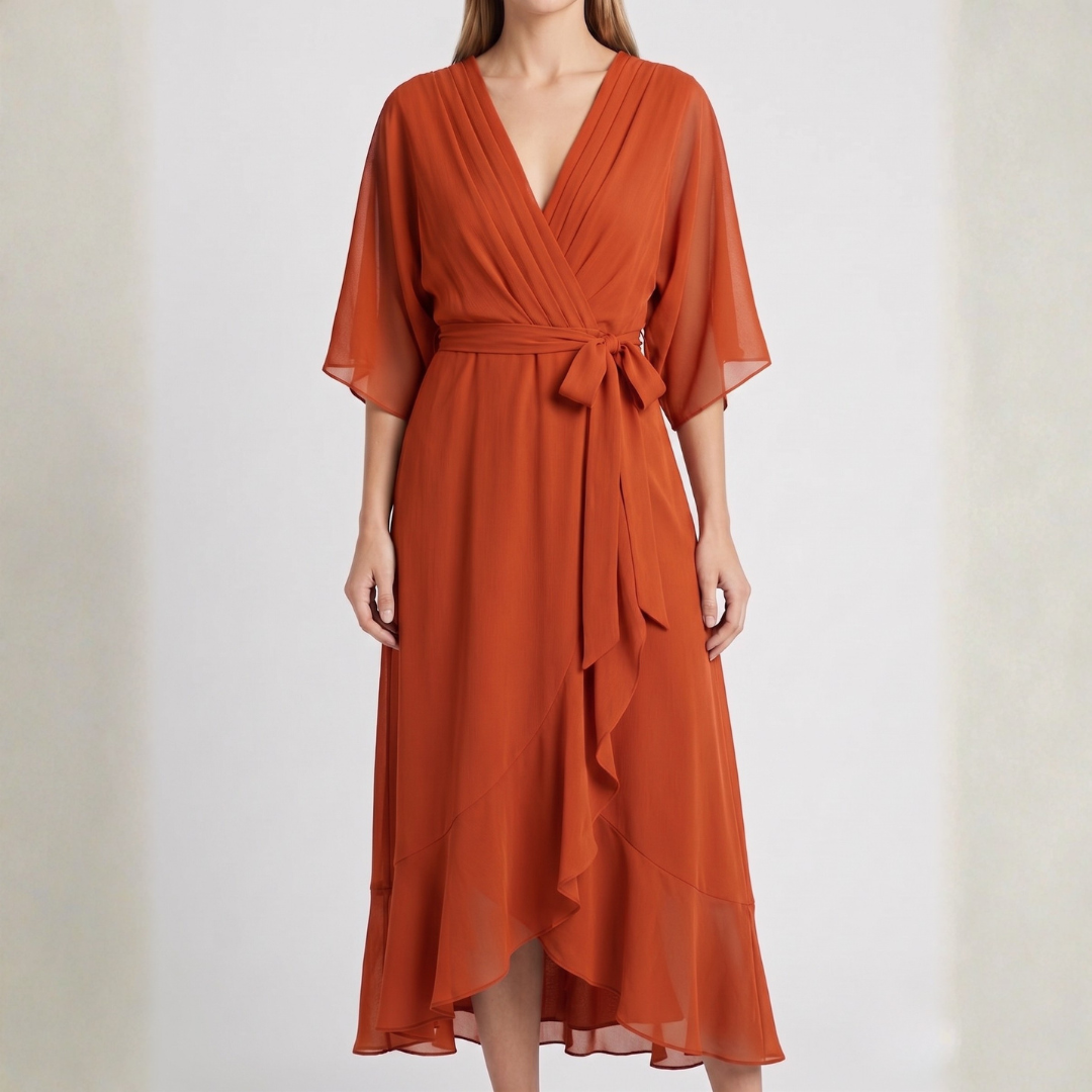 Robe midi cache-cœur orange terracotta à manches kimono fluides