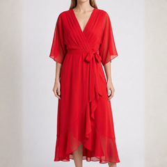 Robe midi cache-cœur rouge à manches kimono et ourlet volanté