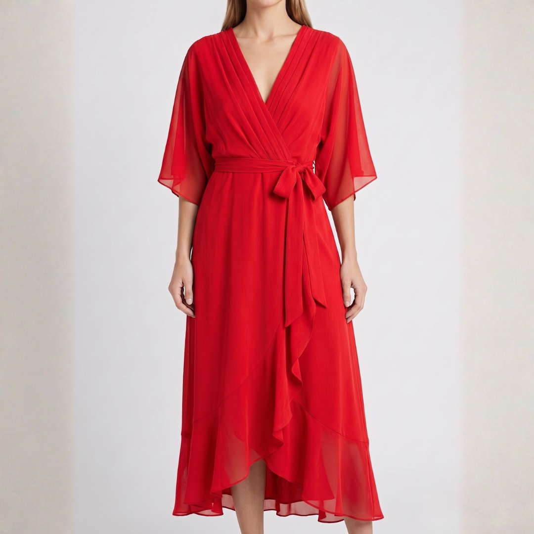 Robe midi cache-cœur rouge à manches kimono et ourlet volanté