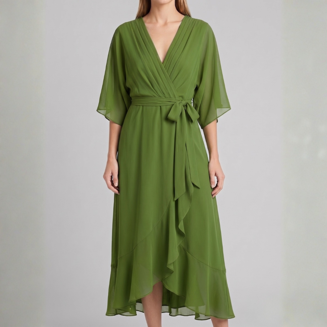 Robe midi cache-cœur verte à manches kimono et volant fluide