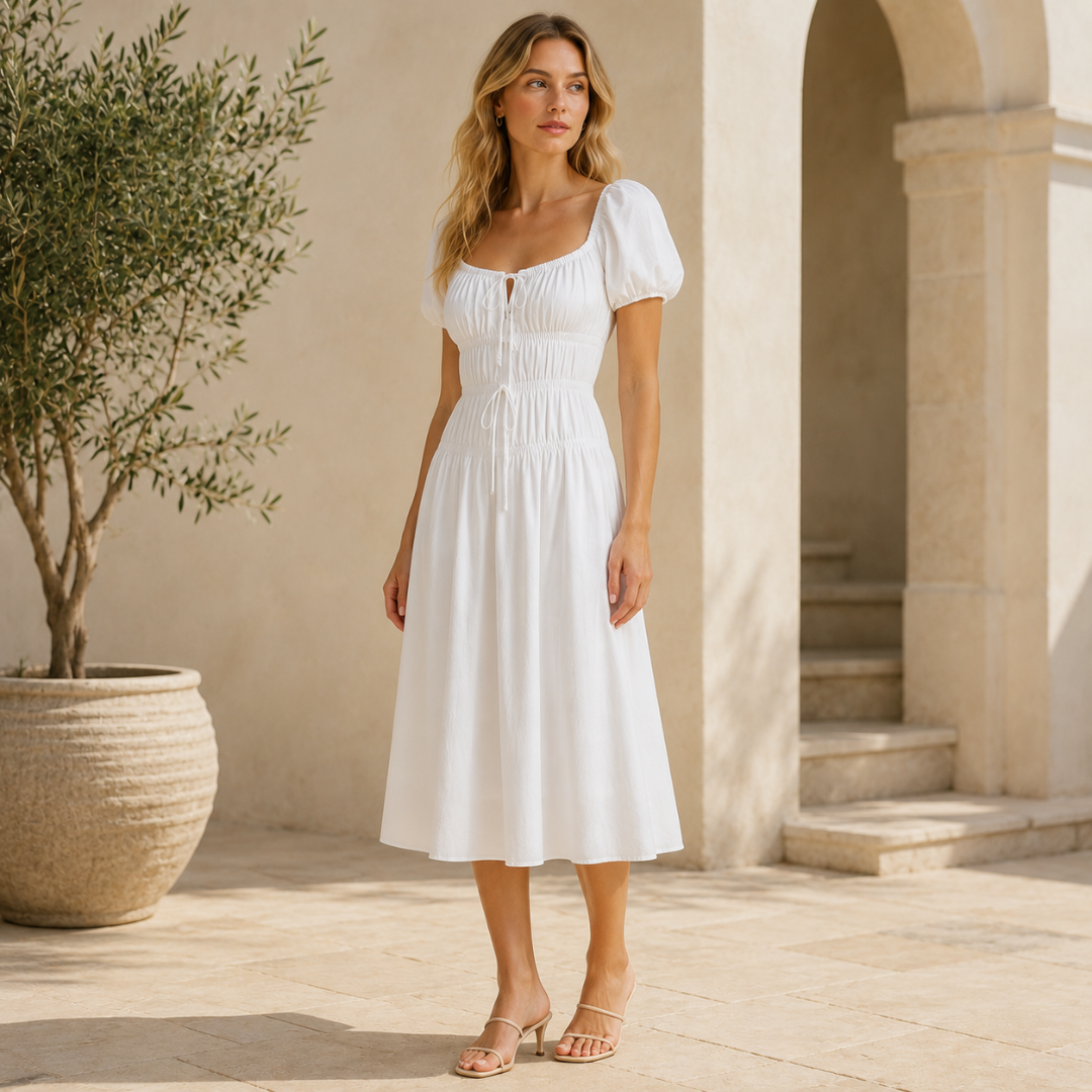 Robe midi blanche évasée portée en extérieur, taille froncée et jupe fluide