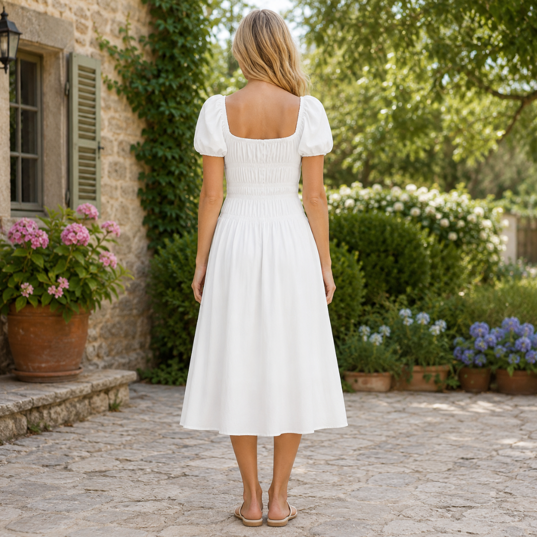Dos de la robe midi blanche avec buste froncé et encolure carrée dégagée