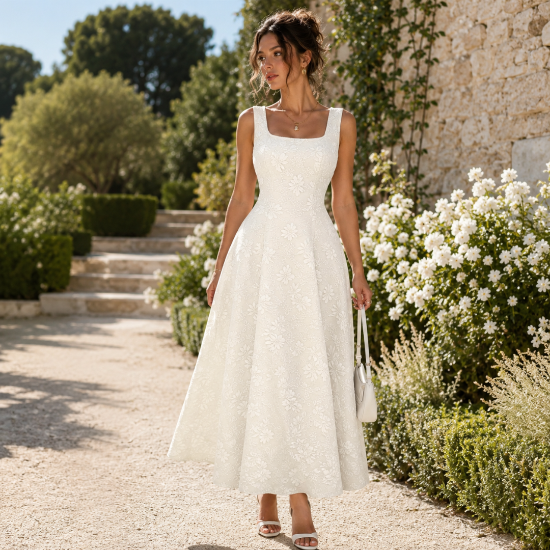 Robe midi blanche à col carré, motif floral texturé et jupe évasée dans un jardin
