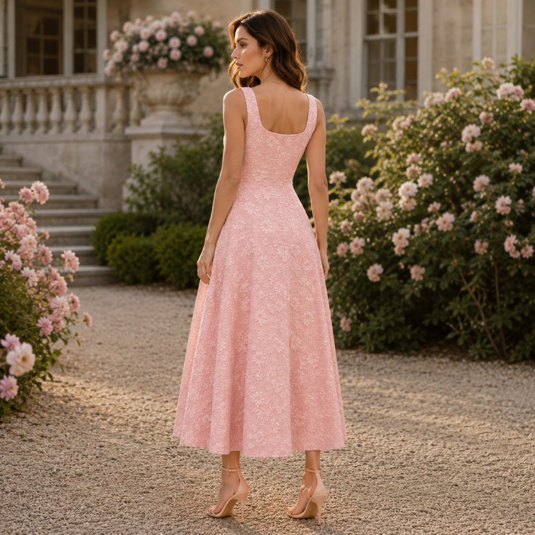 Dos de la robe midi rose, larges bretelles et décolleté carré dégageant les épaules