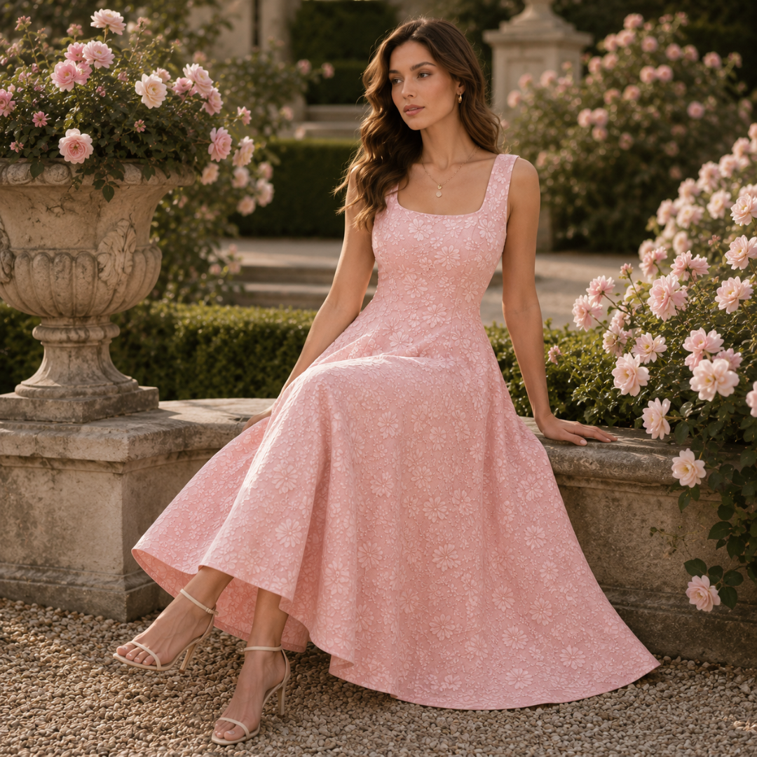 Robe midi rose assise, jupe étalée révélant le motif fleuri en relief