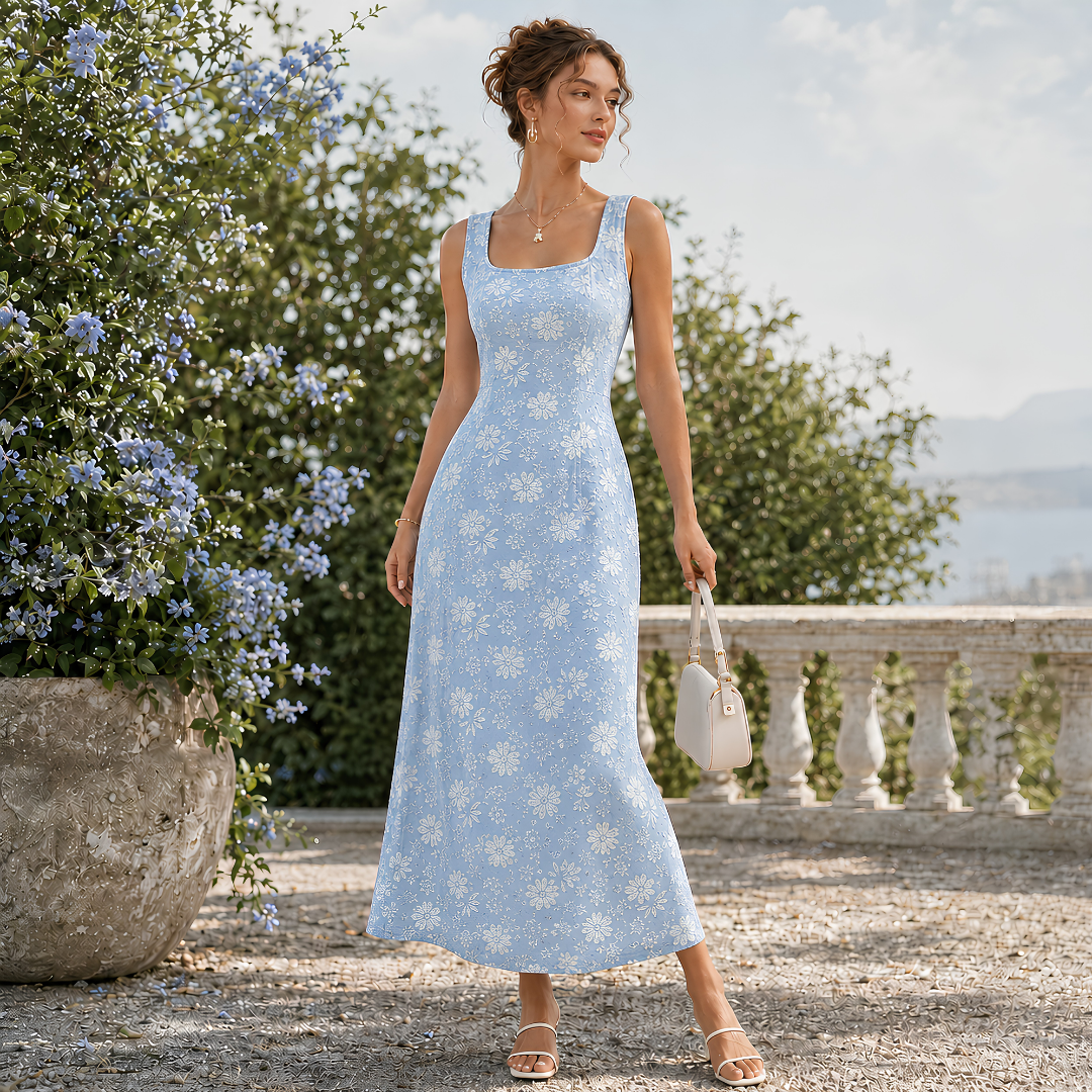 Robe midi bleu clair à fleurs blanches, col carré et bretelles larges