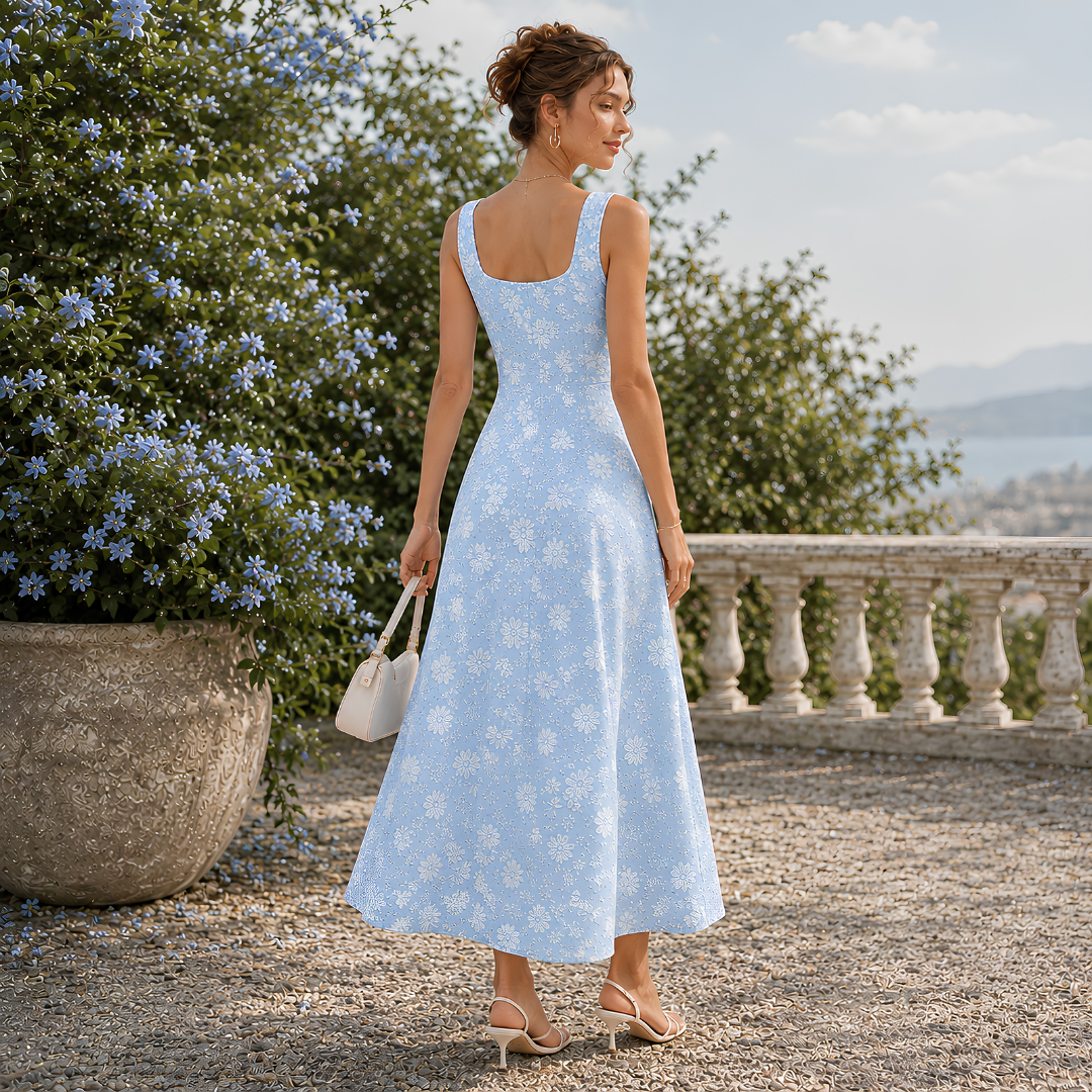 Vue de dos de la robe bleu clair fleurie, dos nageur et jupe évasée