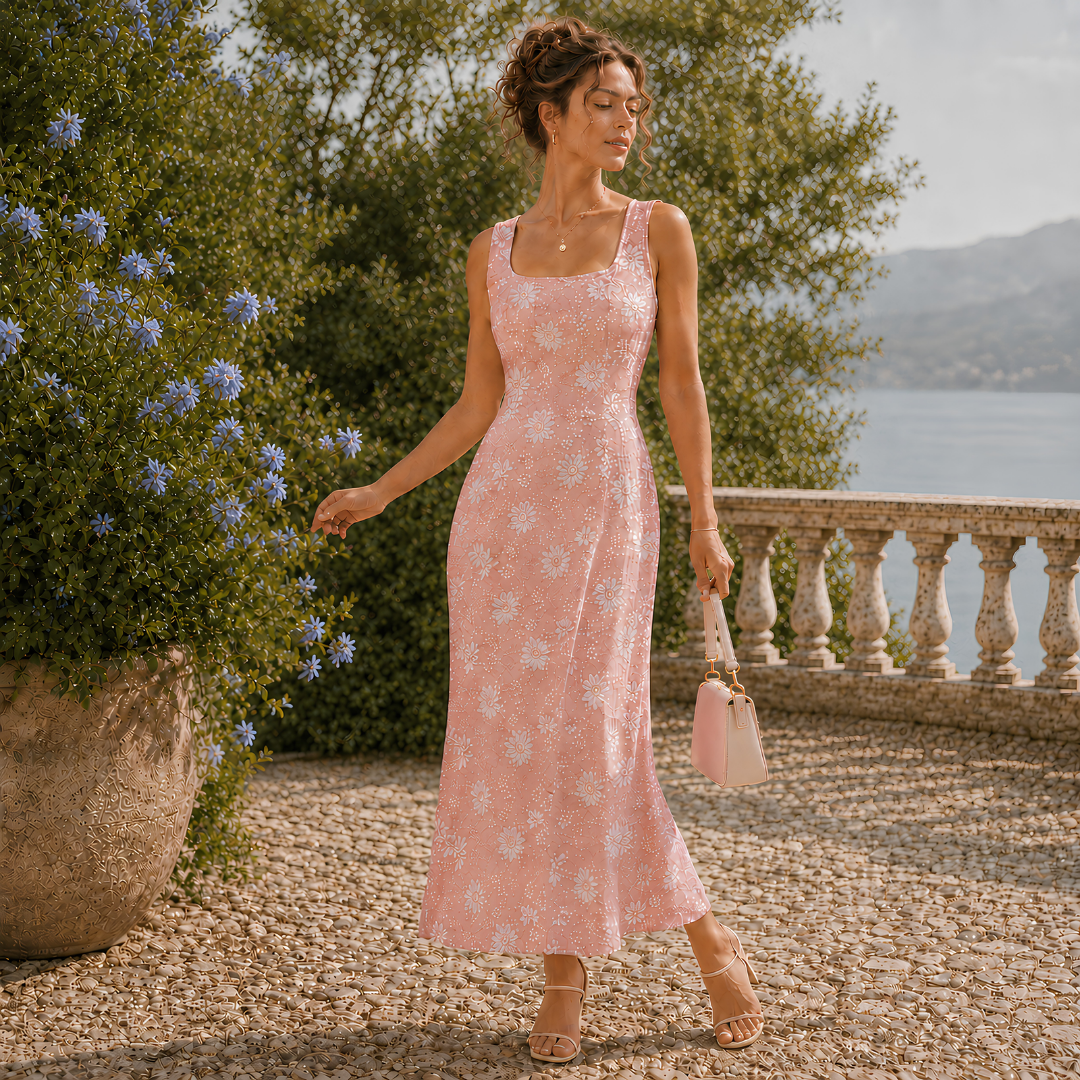 Robe midi rose à fleurs blanches, col carré et jupe fluide sur terrasse