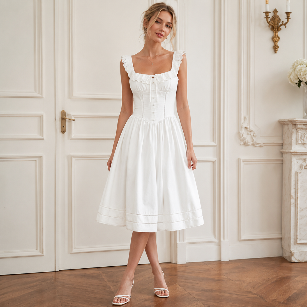 Robe midi blanche à col carré, buste boutonné et jupe évasée, vue de face