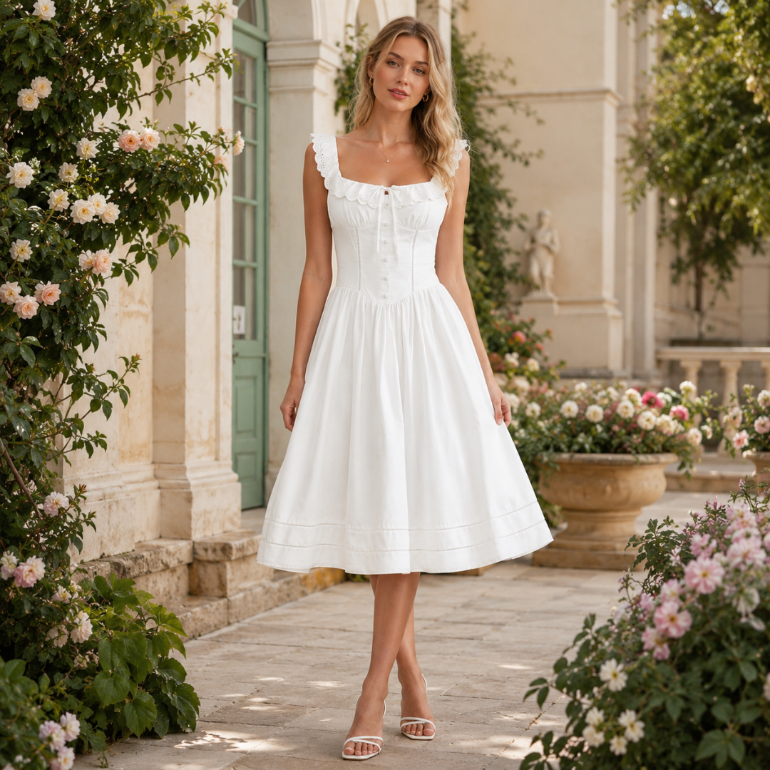 Robe blanche estivale dans un jardin fleuri, jupe ligne A et ourlets ajourés