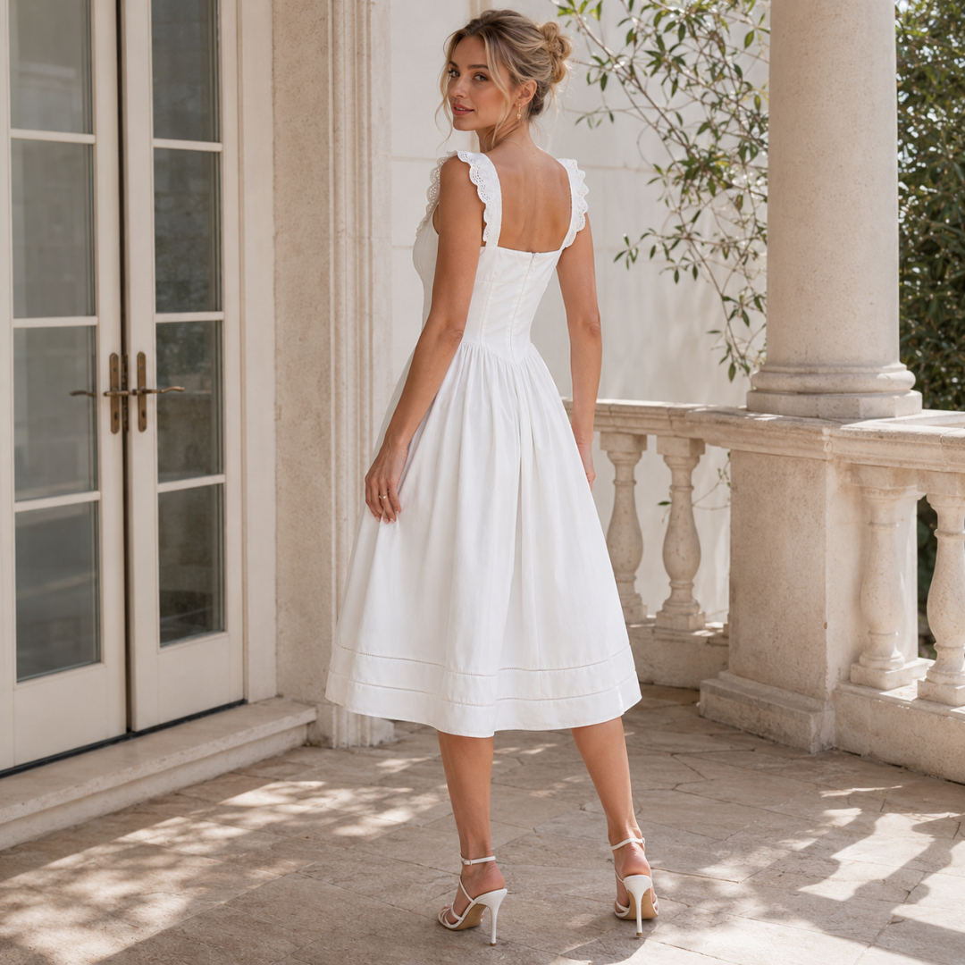 Dos de la robe midi blanche en extérieur, bretelles festonnées et jupe ample