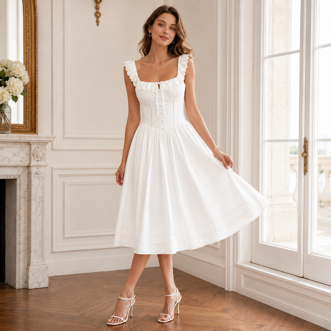 Robe blanche à col carré et boutons, jupe évasée fluide en intérieur lumineux