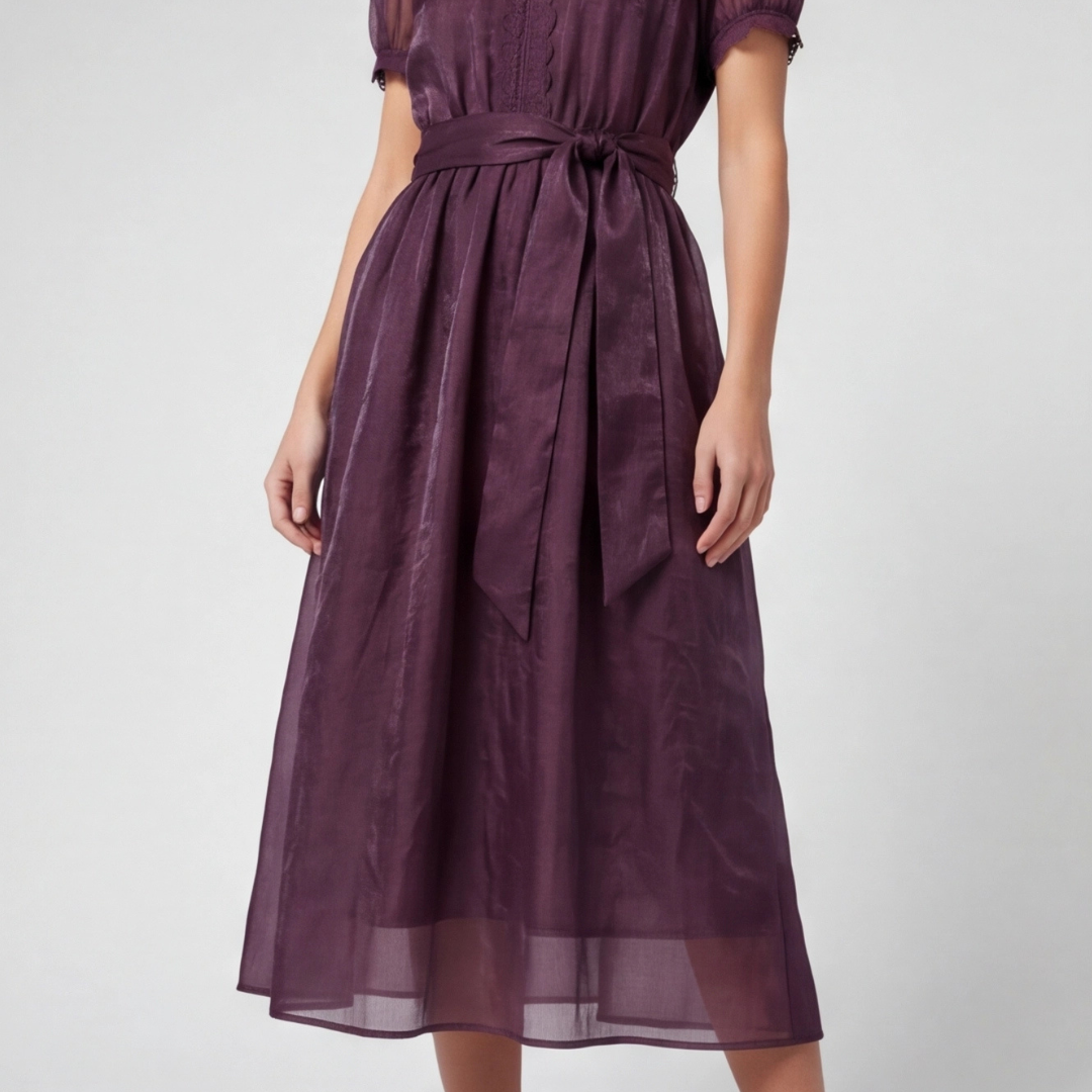 Robe midi violette Flavia vue de dos col montant et ceinture