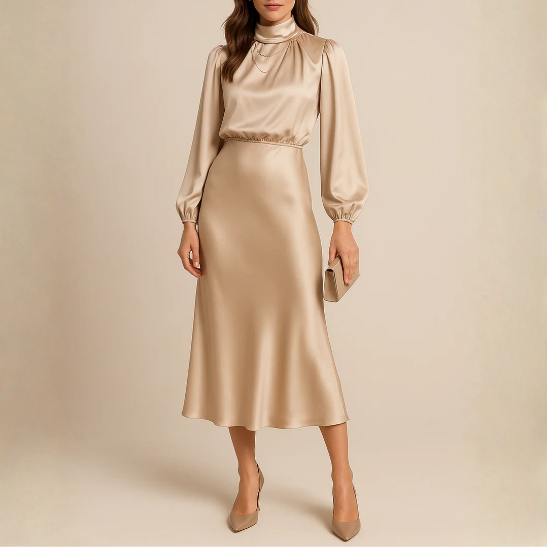 Robe midi abricot col montant vue de face, manches longues bouffantes
