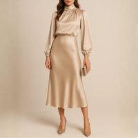 Robe Femme Midi Col Montant Manches Longues Fluide Élégante | Valentina