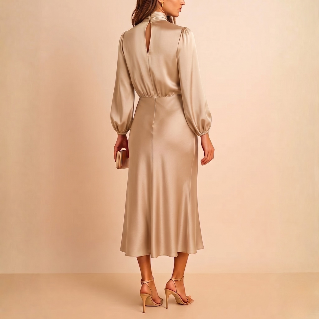 Détail de la robe abricot, poignets resserrés et tombé doux