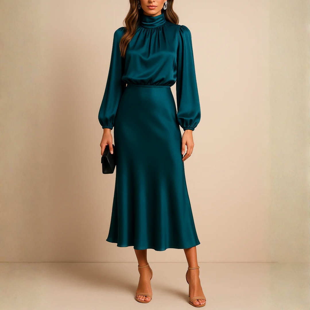 Robe midi bleue col montant, manches longues et jupe fluide