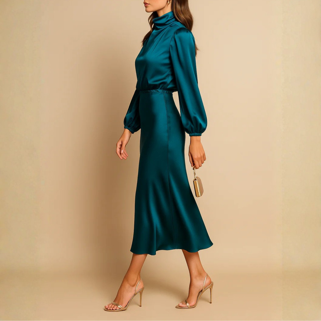 Robe bleue vue de dos, jupe midi évasée et fluide
