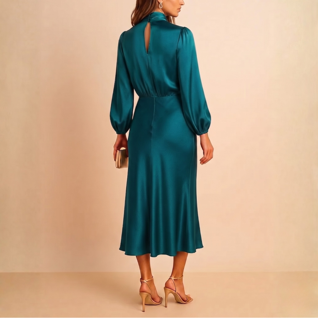 Robe bleue portée vue trois quarts, tombé doux de la jupe midi