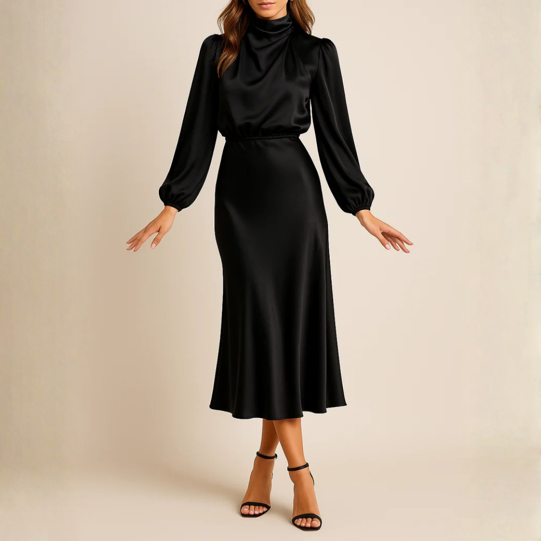 Robe midi noire col montant, silhouette élégante vue de face