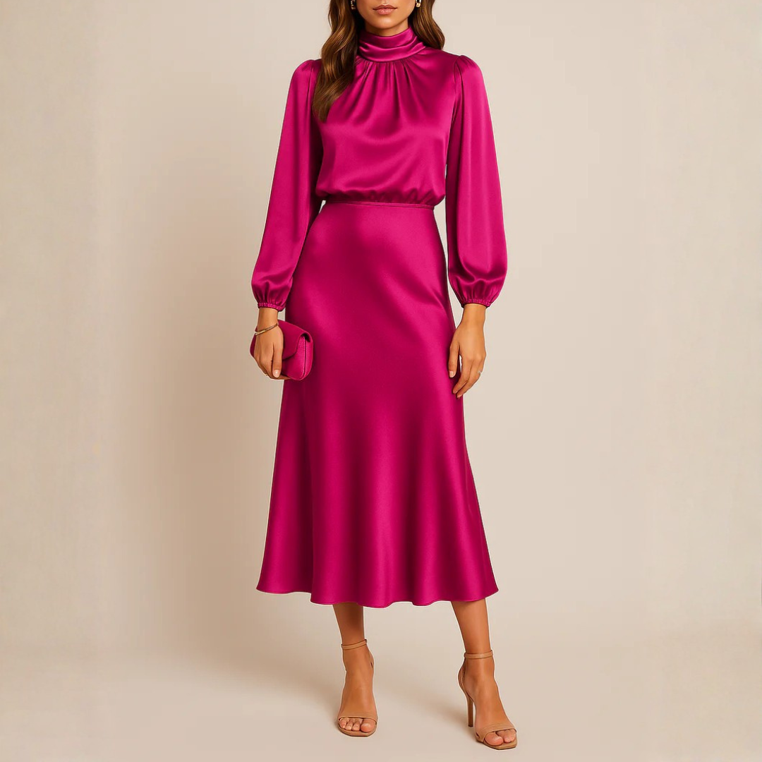 Robe midi rose col montant, vue de face, manches bouffantes