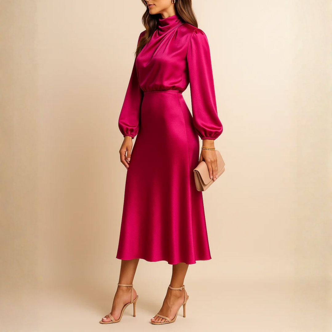 Robe rose vue de côté, tombé fluide de la jupe midi
