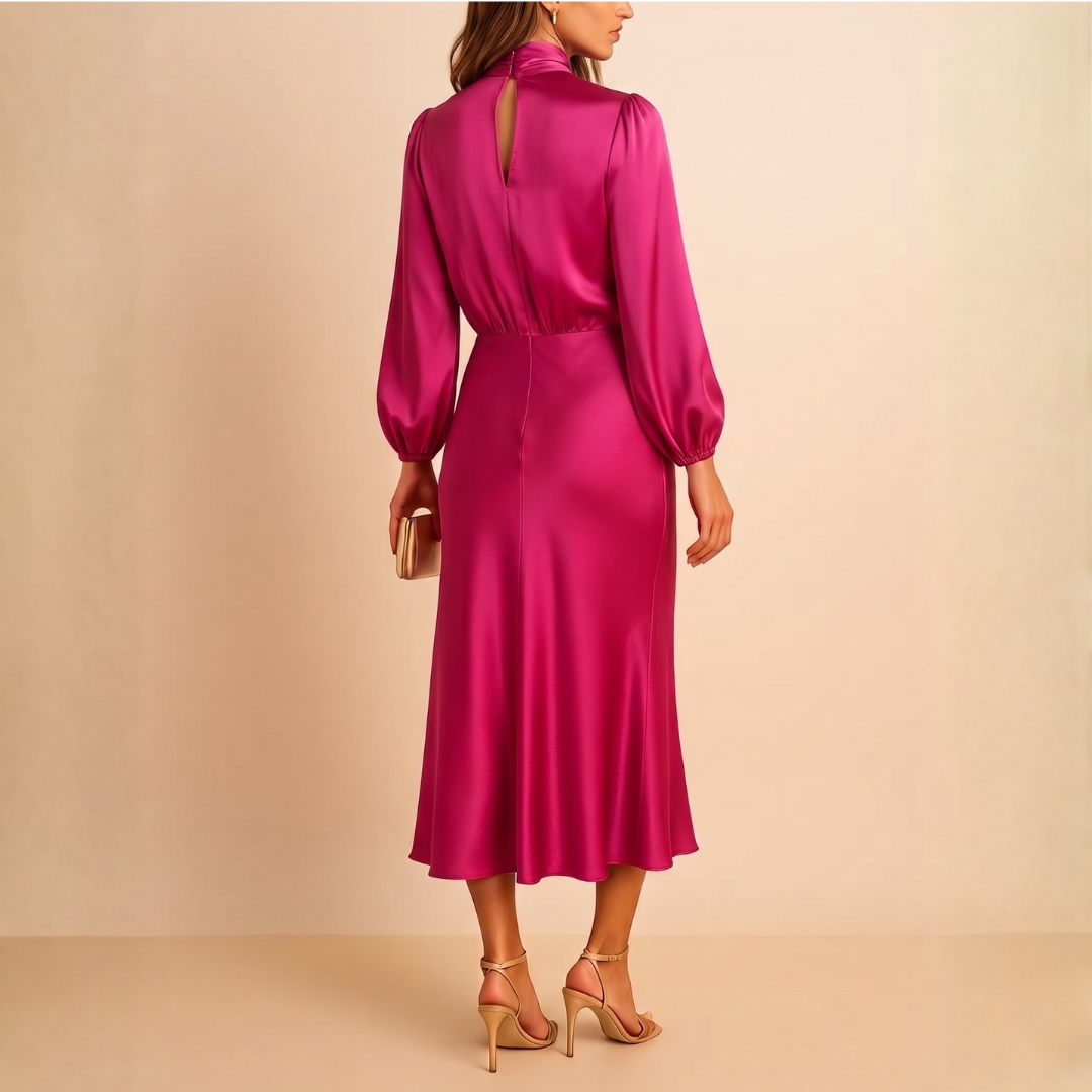 Robe rose portée avec sac pochette assorti, vue trois quarts