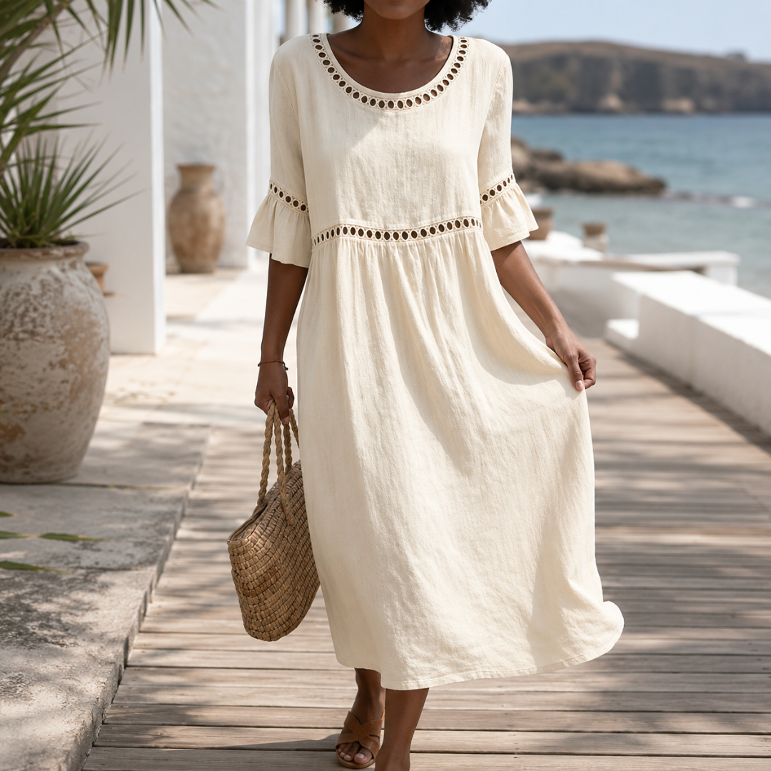 Robe midi femme beige à col rond ajouré, taille haute et manches courtes évasées