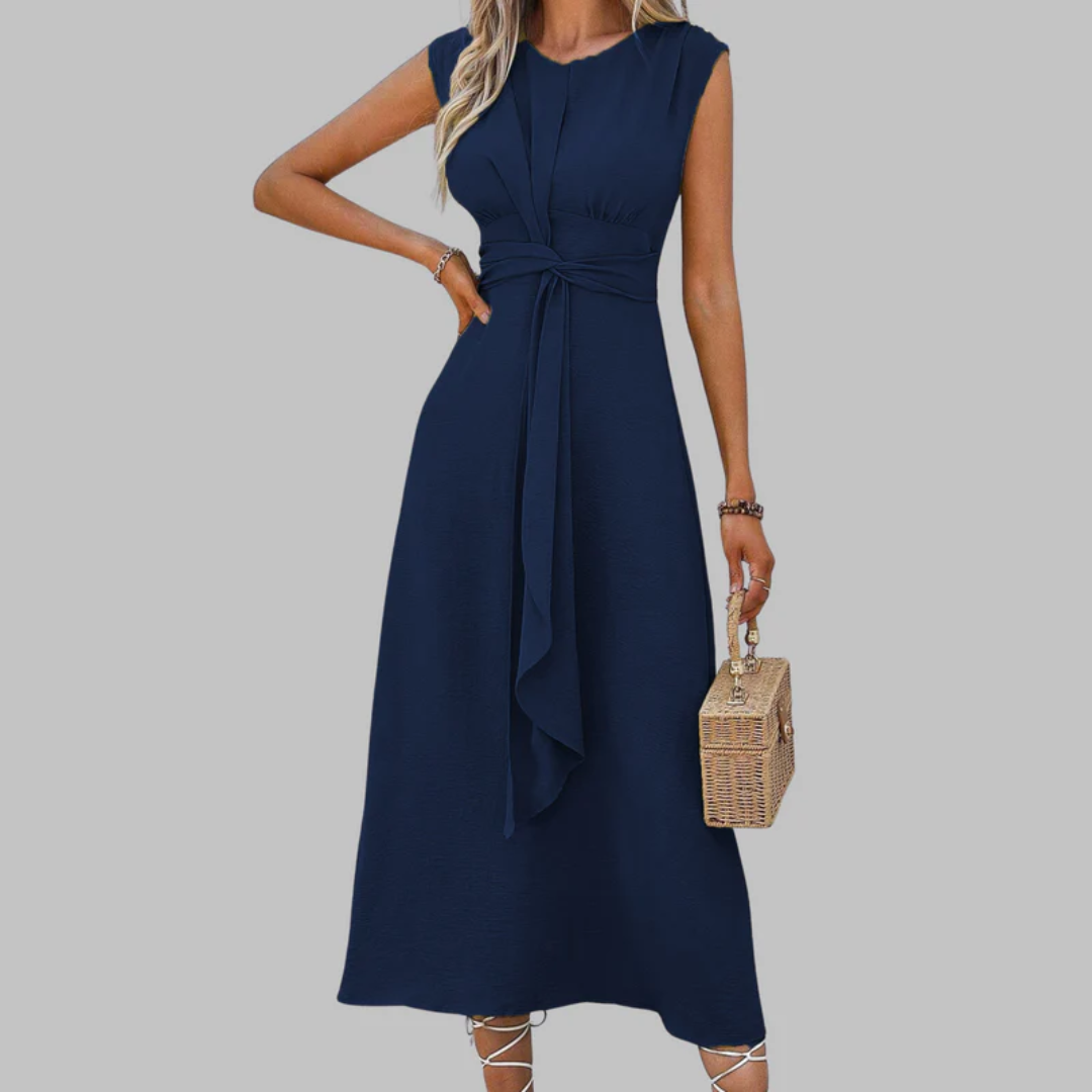 Robe midi bleu marine col rond ceinture nouée, vue de face