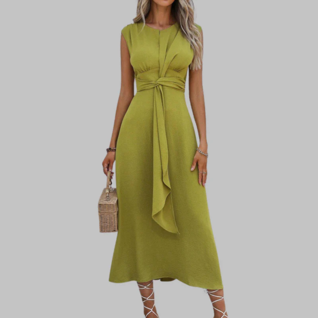 Robe midi jaune col rond avec nœud à la taille, vue de face