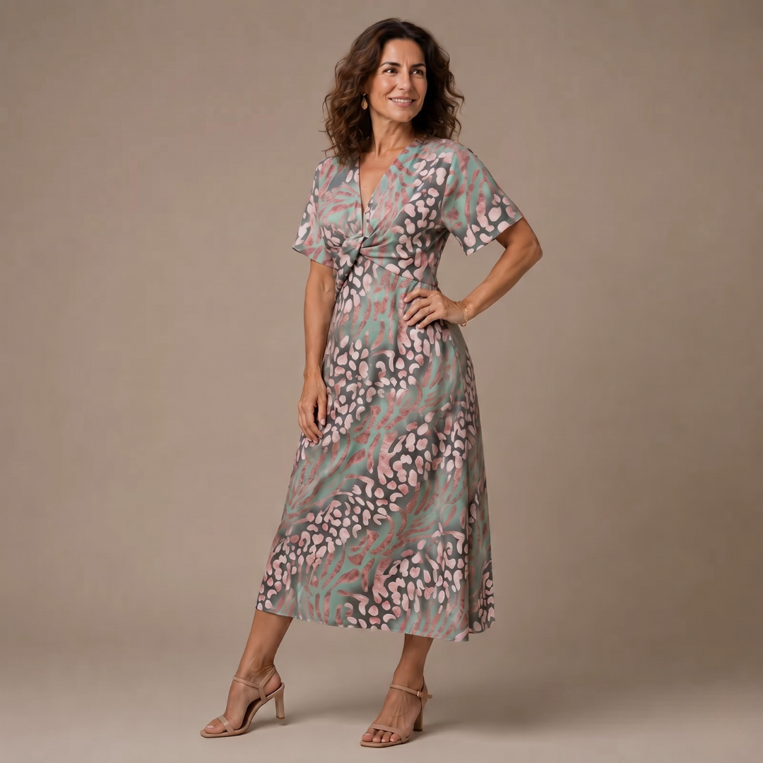 Robe Calandra vue de face, imprimé vert rose et noir, manches courtes