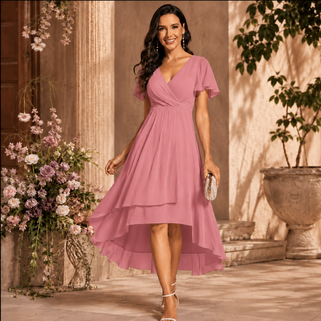Robe midi cache-cœur pêche col V manches volantées jupe asymétrique étagée