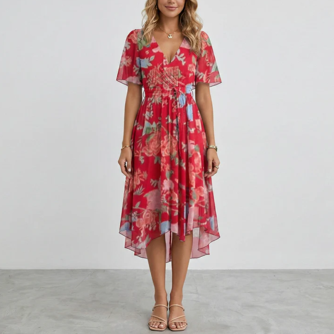 Robe midi col V imprimé fleurs rose et rouge sur fond clair, jupe volantée