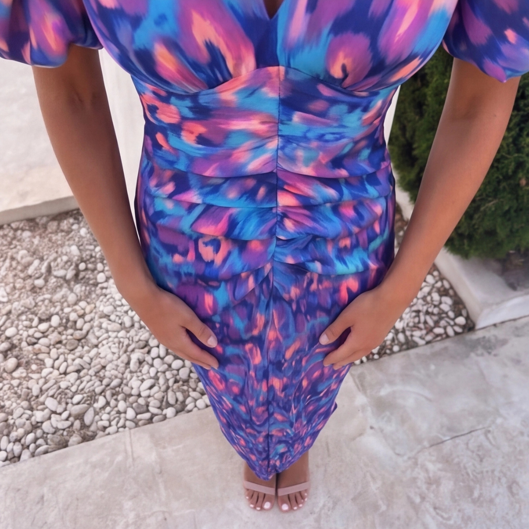 Robe midi col V Fiamma bleu, vue de dos manches évasées