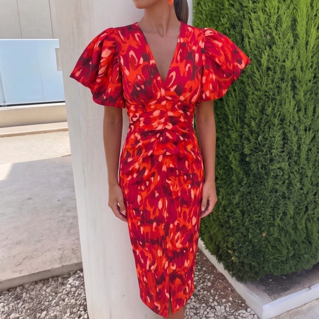 Robe midi Fiamma imprimé floral rouge col V manches bouffantes, vue de face